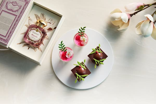 Panna cotta with jasmine jelly and chocolate macaron with peach and pink peppercorn