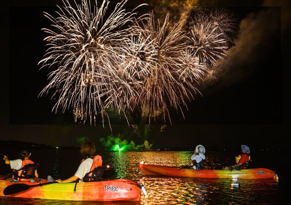 Night kayaking with fireworks over Shibayama Lagoon