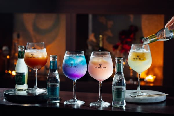 Fever-Tree cocktails, from left: Spicy Chocolat, Blue Jewel, Peach Cloud, and Lemon Sour, all ¥1,320 (tax included)