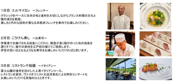 Día 1: Elmayon (francés), día 2: Kogen Sushi (sushi), día 3: Ristorante Sakurakagami (italiano)