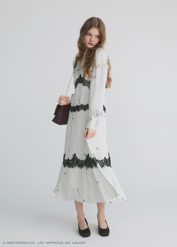 Hello Kitty Dot Print Lace Combination Dress, tampilan gaya seluruh tubuh