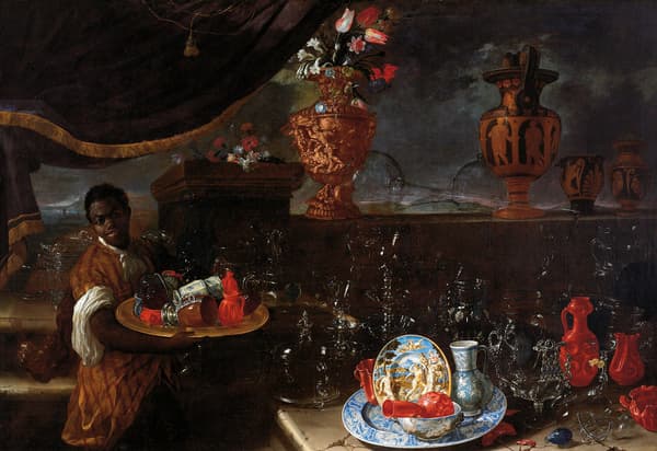 주세페 레코, <유리, 도자기, 꽃과 하인이 있는 정물>, 1679년(복제본), 카사 데 필라토스, 세비야 ©Casa de Pilatos, Sevilla(España). Fundacion Casa Ducal de Medinaceli