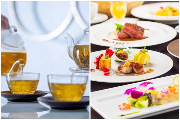 Tea being poured next to Japanese, Western, and Chinese fusion dishes