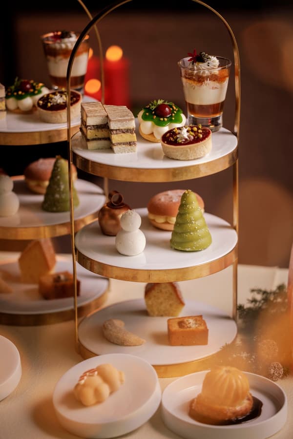Festive afternoon tea served on a three-tier stand