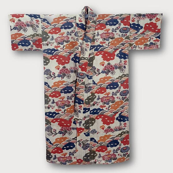 Cotton and ramie bingata robe with white ground, cloud, seigaiha wave, chrysanthemum, and peony patterns (123.3 x 121.0 cm, 19th century)