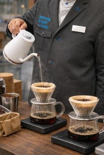 车站工作人员正在准备一杯特别的咖啡