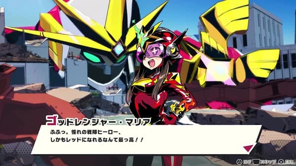 Gameplay screenshot of DEMONS' NIGHT FEVER showing a story scene with a red-suited hero character and a giant robot