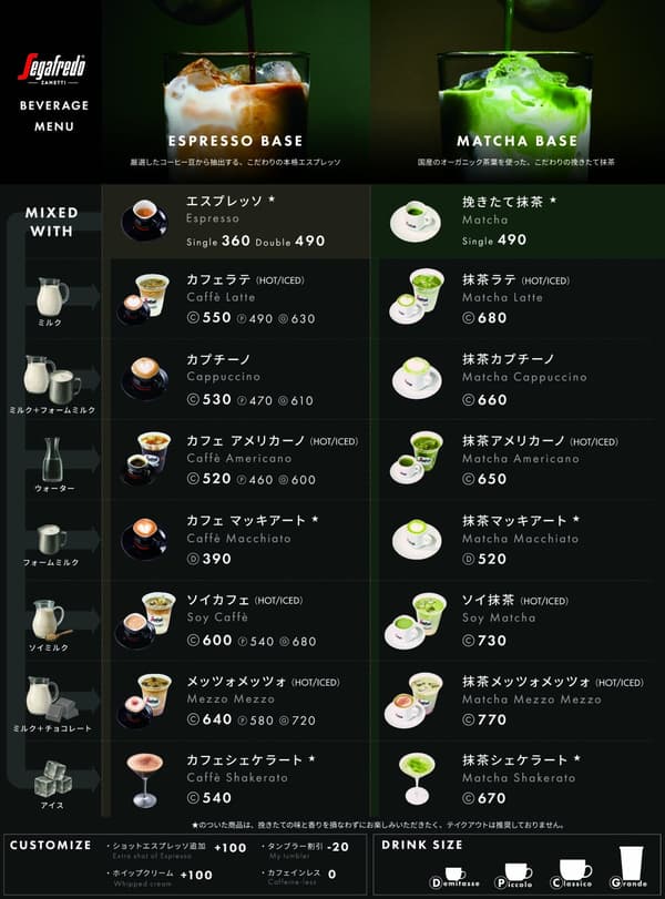 New matcha beverage menu at Segafredo Zanetti Espresso / Segafredo Cafe