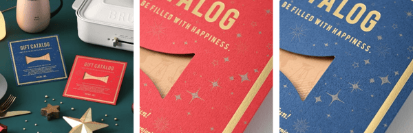 Cardinal Red and Navy Blue holiday packaging for the BRUNO Catalog Gift