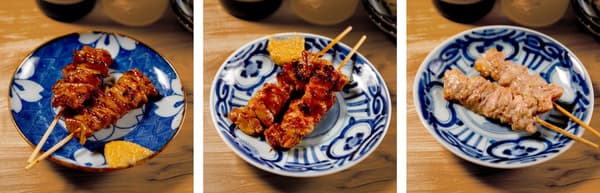 닭 껍질 꼬치, 닭 하라미 꼬치, 닭 심장 꼬치