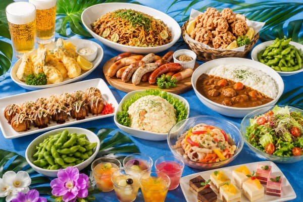 Hot dishes, cold dishes, and desserts served buffet-style