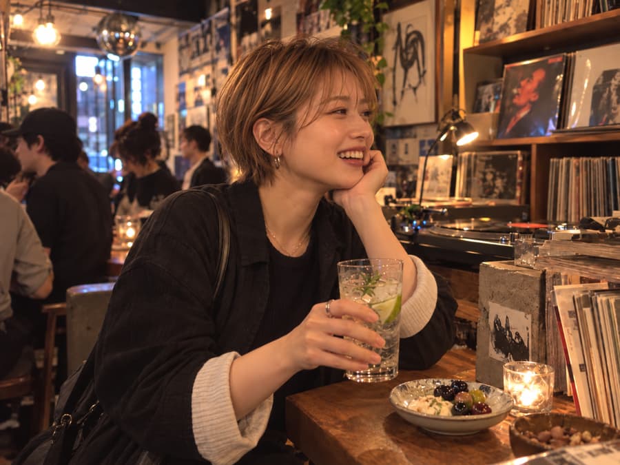 Rina smiling with a gin and tonic at a candlelit bar surrounded by vinyl records