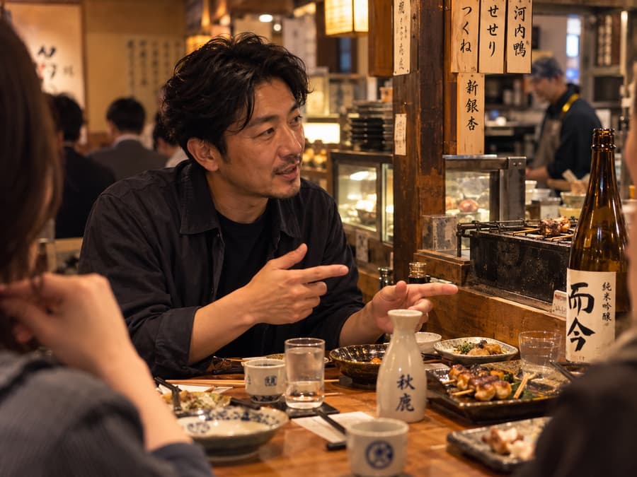 Kenta talking over sake and grilled skewers at a wooden izakaya table