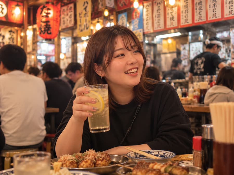 Nana laughing with a lemon sour over takoyaki under red lanterns at a lively Osaka food hall