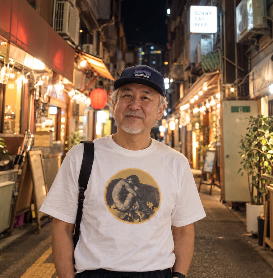 Ren in a navy cap and white graphic T-shirt smiling in a lantern-lit bar alley at night
