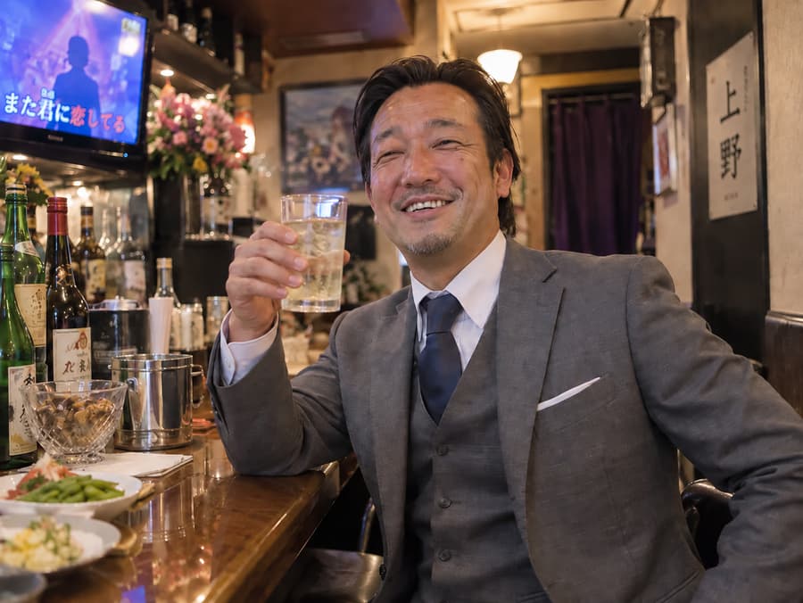 DUKE in a grey three-piece suit smiling and raising a highball at a snack bar counter with karaoke on screen