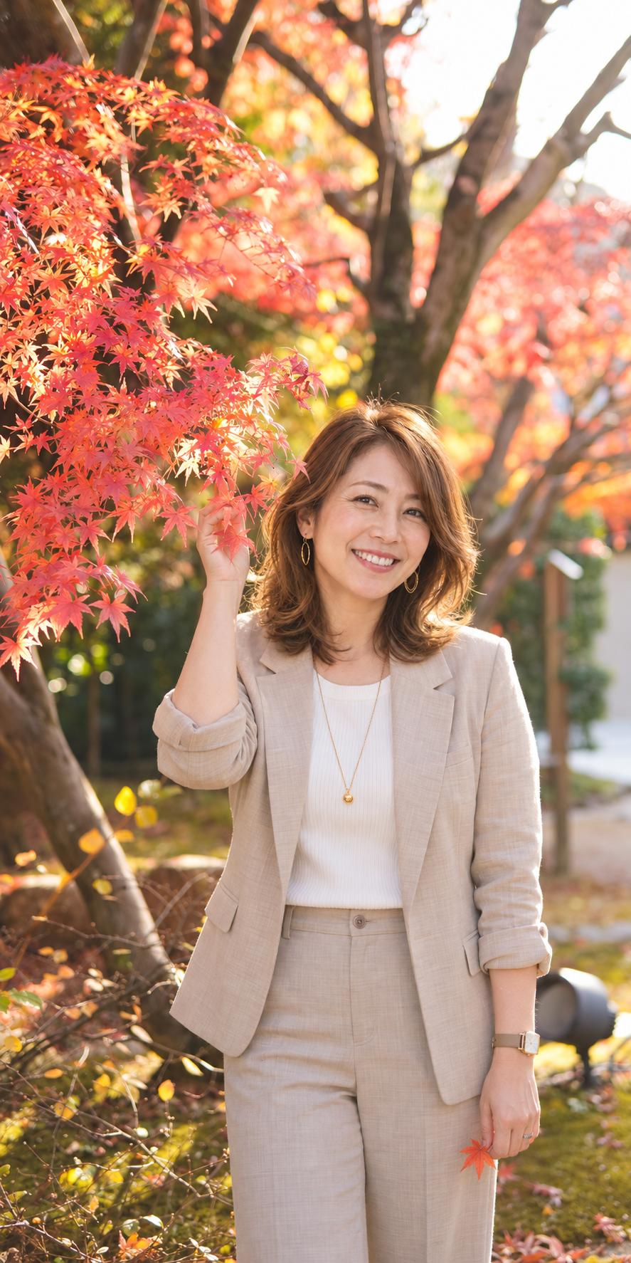 Chihiro smiling in a beige linen suit beneath bright red autumn maple leaves