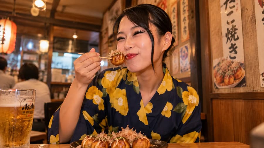 Momoko in a navy and yellow yukata tasting takoyaki at an izakaya table