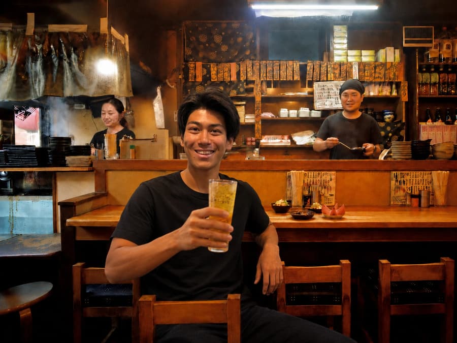 Haruto smiling with a beer in hand in front of a busy old izakaya counter