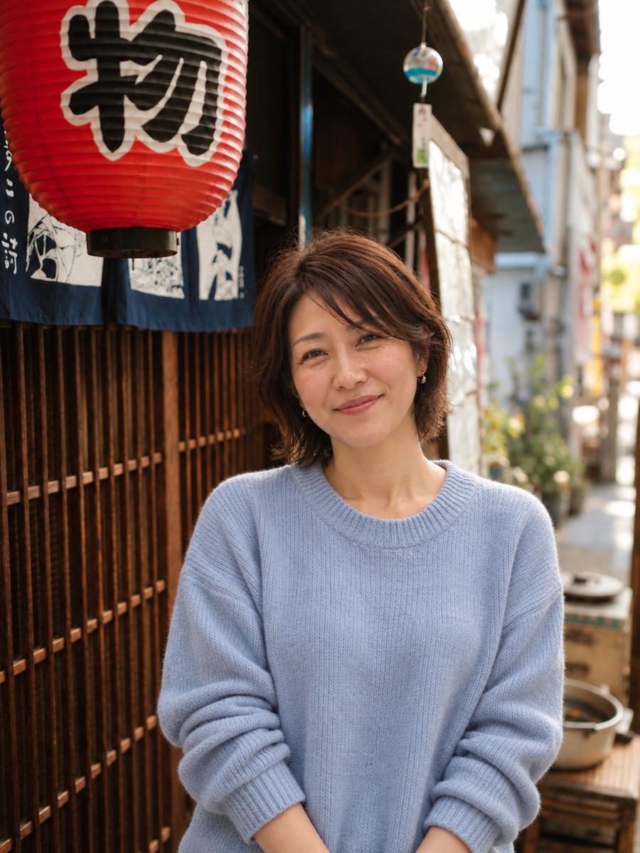 Mio smiling in a light blue sweater beneath a red paper lantern outside a wooden izakaya
