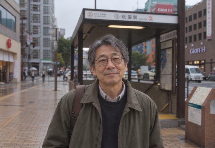 Akira in glasses and an olive jacket smiling outside Gion Station on a rainy Hakata street