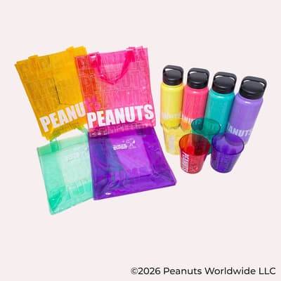 Peanuts Neon Color Collection Arrives at Skater with Clear Bags, Acrylic Cups, and Mag Bottles