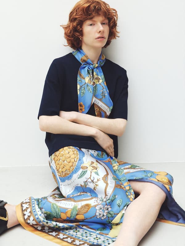 Scarf-Tie Milano Knit and Skirt