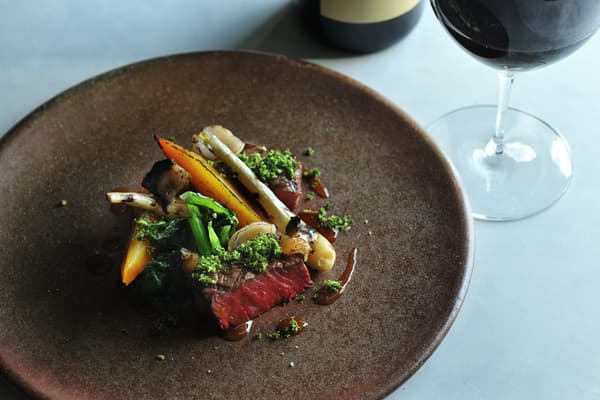 Protein: Beef, shako-gai (giant clam), and arasa (seaweed) bread crumb bake