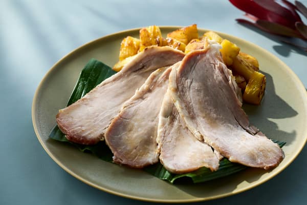 Banana Leaf-Wrapped Yamayuri Pork Roast with Pineapple Sauté