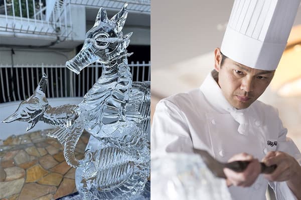 Ice sculptor Koichi Hirata performing at the poolside