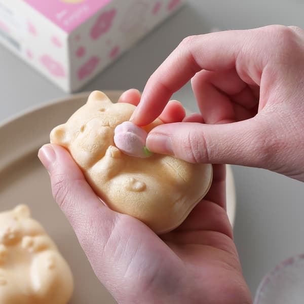 Coloca el rakugan con forma de flor de cerezo en la mano del hámster