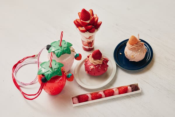 딸기 마켓 샘플 제품 - 왼쪽 위부터 시계 방향으로: My Favorite Color 아마오 딸기 우유 (딸기 우유 전문점 STRAWBERRY HOUSES) / 프리미엄 럭셔리 아마린 파르페 (린린) / 브리오슈 도넛 아마오/아와유키 (Butter×Roasted COFFEE LABORATORY) / 따뜻한 딸기 시라타마 (만마루)