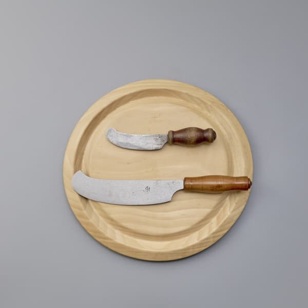 Fruit Knife (top), Bread Cutting Knife (bottom), Bread Cutting Board, Early 1950s, Tottori Folk Crafts Museum Collection