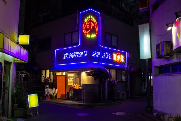 Neon sign glowing in Kinshicho night