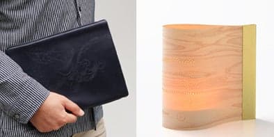 Izquierda: Estuche para tableta / Derecha: Cubierta de vela Komorebi hecha de láminas de cedro Kitayama de Kioto en rodajas (imágenes de referencia)