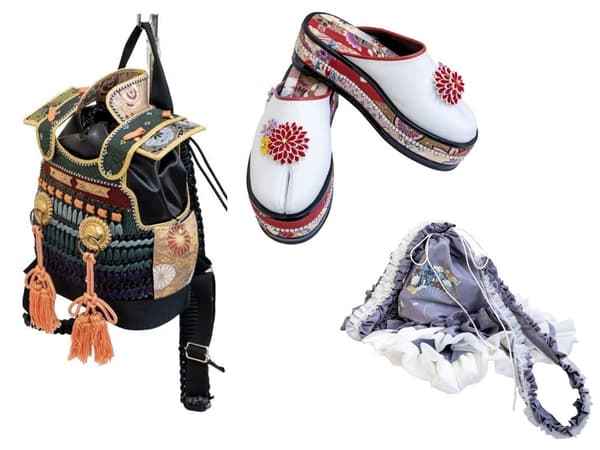 Presentaciones de la División de Artículos de Moda de SFDA, incluido una exclusiva “mochila de armadura de samurái”, hecha de tela de kimono y otros materiales