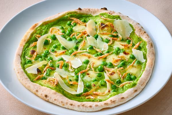 Sakura shrimp and piselli pizza