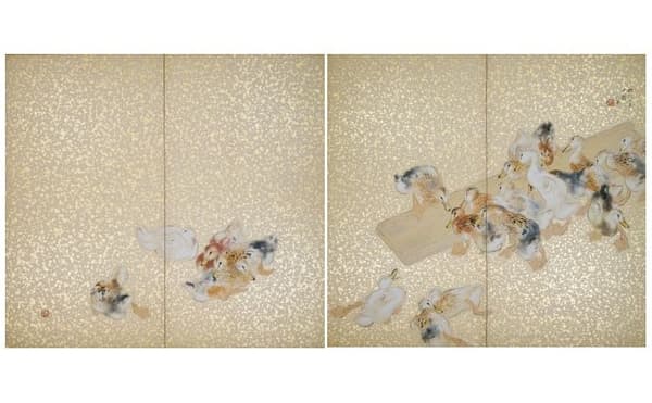 Takeuchi Seihō, Bebek-Bebek Muda (panel kiri dan kanan), 1937. Museum Seni Modern Nasional Kyoto (khusus paruh pertama)