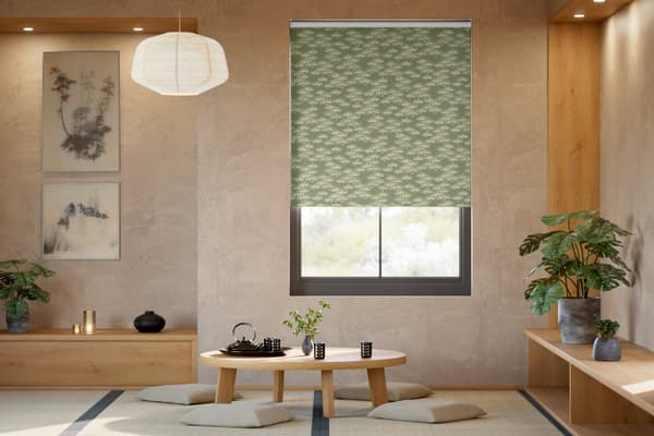 Roll screen featuring the Matsu (Pine) pattern in Budding colorway