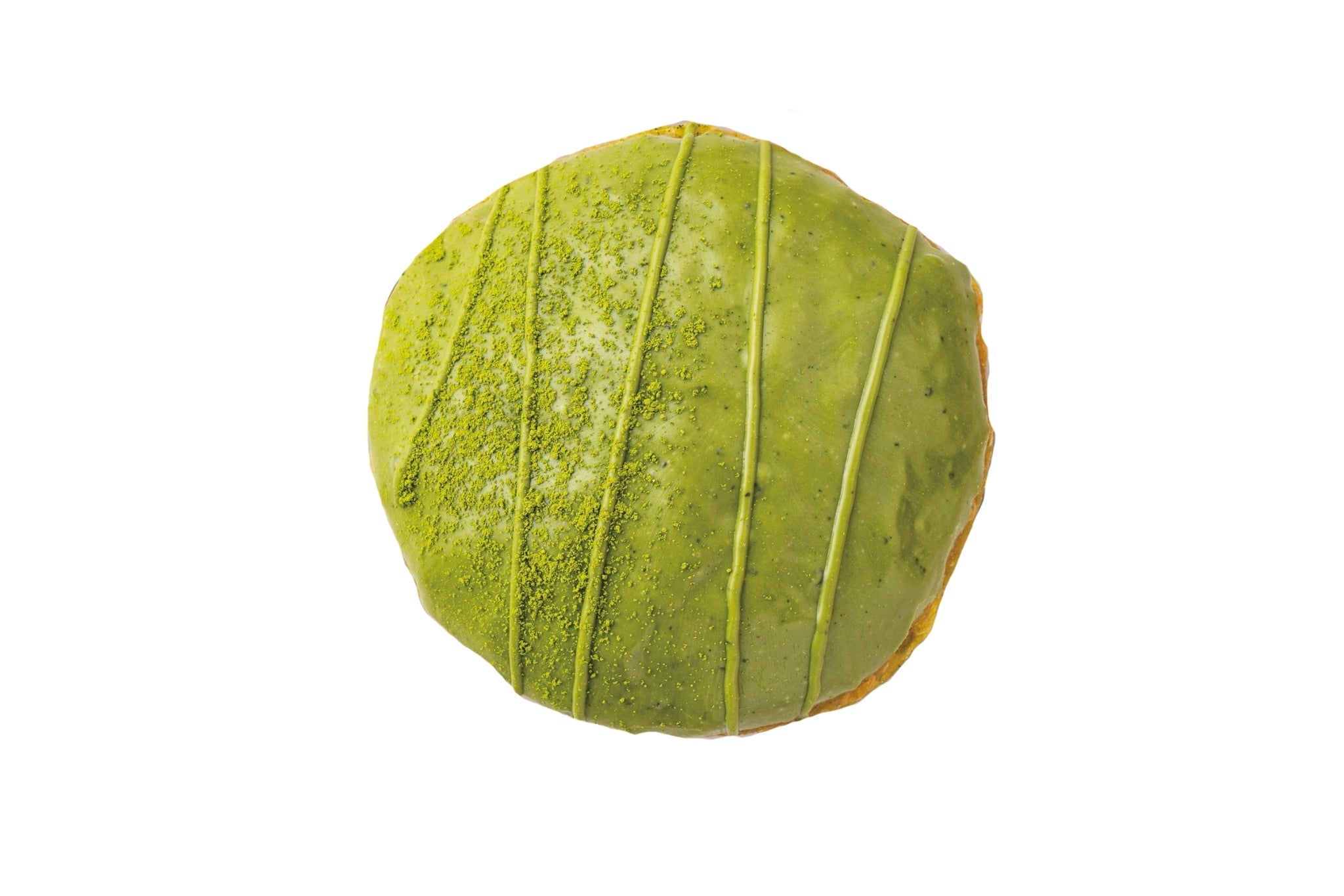 Uji Matcha Nama Malasada - 330 yen: Dough mixed with matcha, elegantly coated with Uji matcha chocolate. An irresistible nama malasada for matcha lovers.