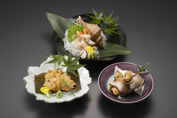Degustación de caracoles de tres maneras (sashimi, kombu-jime, cocido a fuego lento)