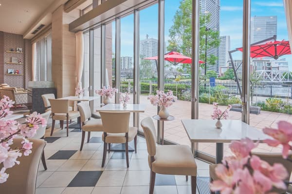 Cafe interior with cherry blossom decorations