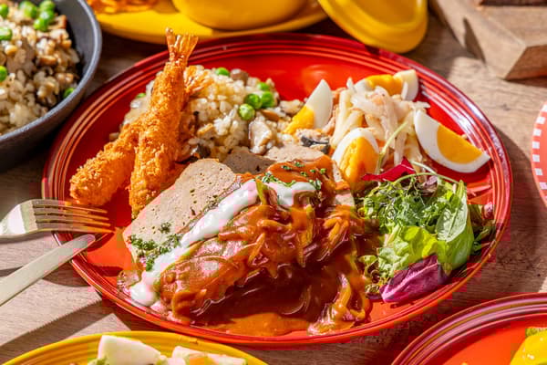 Fried shrimp, chicken and mushroom pilaf, Murcia macaroni tuna salad, meatloaf terrine