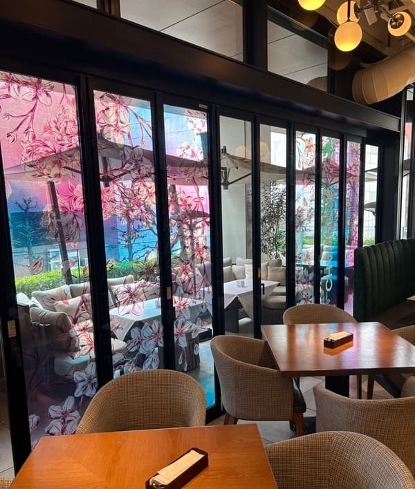 Cherry blossom design on the restaurant window