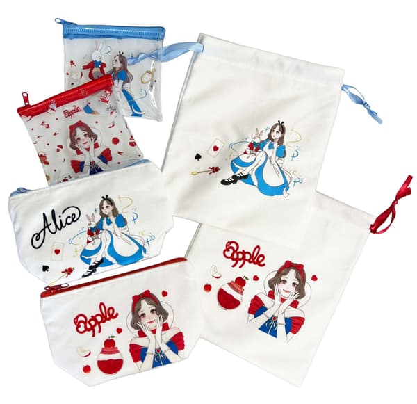 Fairyland collaboration products: pile drawstring bag, pile pouch, and mini vinyl pouch