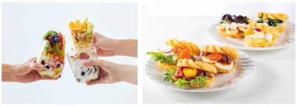 야채와 과일을 얹은 파르페 스타일 샐러드(왼쪽)와 원하는 스타일로 즐기는 프렌치 크룰러 오픈 샌드위치(오른쪽)