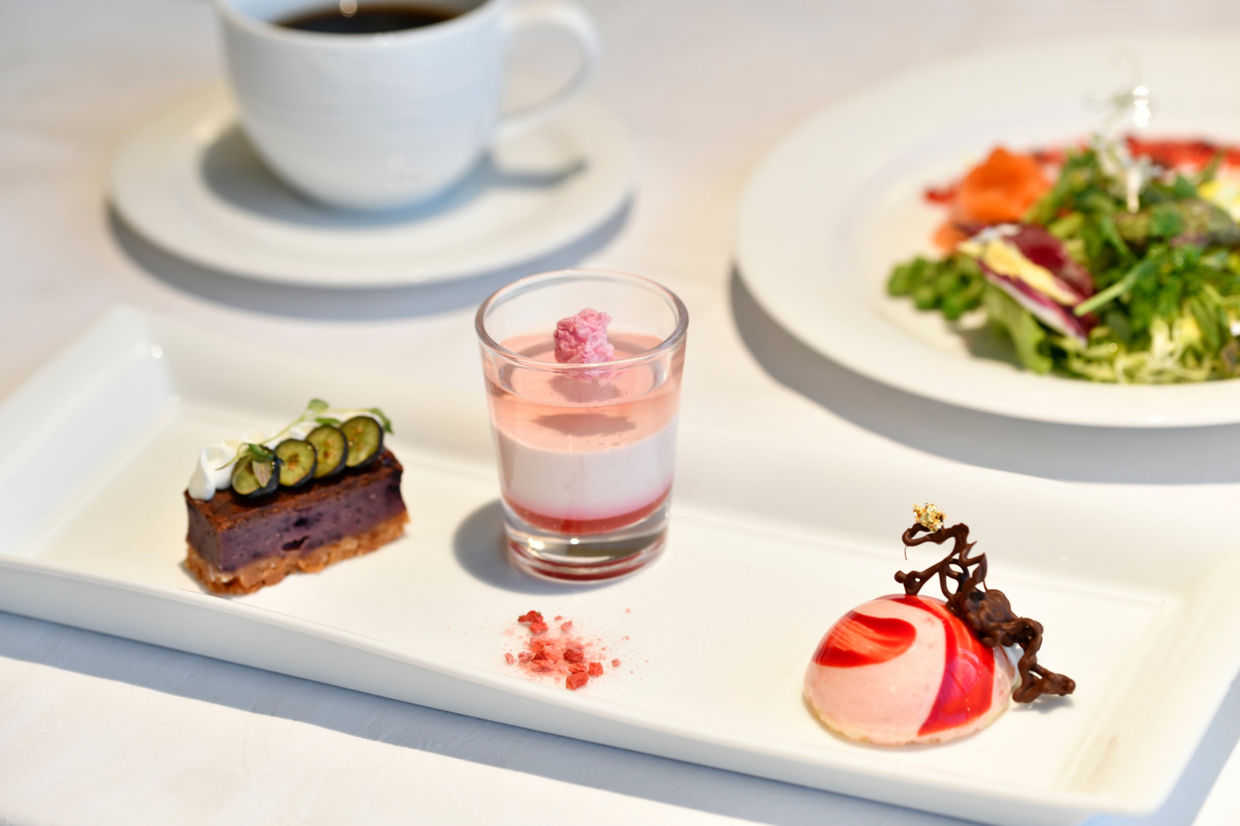 Spring Komorebi Dessert: Blueberry Cheesecake, Strawberry Mousse, and Sakura Panna Cotta