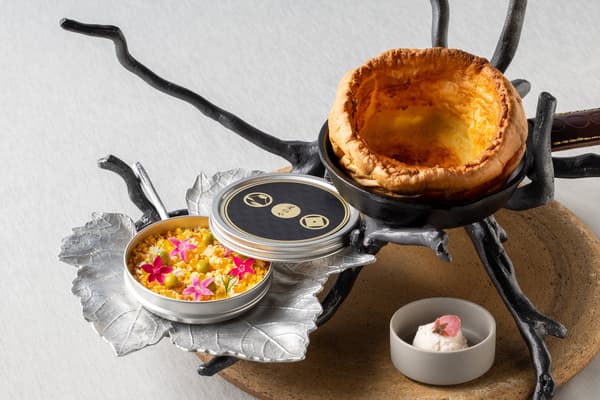 开胃菜“虹鳟鱼和日本香草鞑靼，含羞草风味”，搭配荷兰宝贝