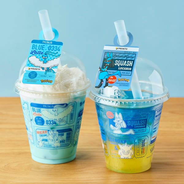 Latte azul de coco de Altaria (izquierda) y Squash de limón y yuzu de Lucario (derecha)