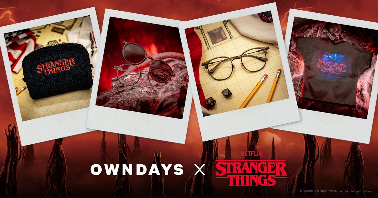 คอลเลกชัน OWNDAYS × STRANGER THINGS รวมถึงกระเป๋าผ้าฟลีซ กรอบ ST1002X-5A กรอบ ST2003X-5A และผ้าเช็ดแว่นสไตล์เสื้อยืดวินเทจ